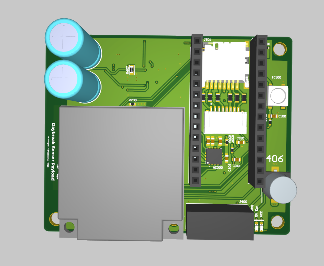3D render of the populated Daybreak sensor payload PCB in Altium, with the two-cell supercapacitor bank at the upper left