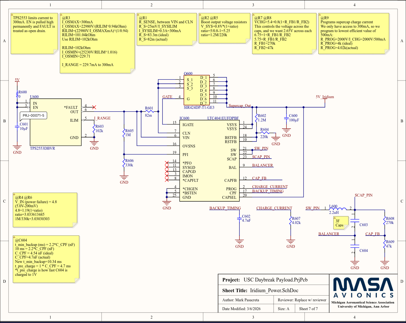 Altium schematic sheet of the Iridium power stage: TPS2553 input current limit, LTC4041 supercapacitor charger, and the series supercapacitor bank with balancer